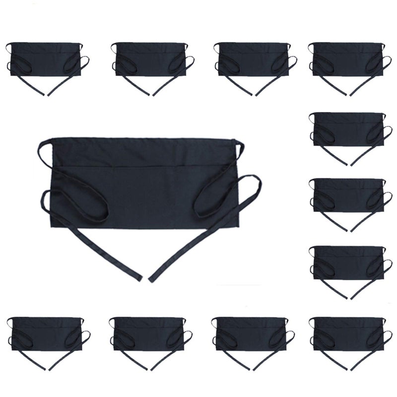 BOHARERS Waist Apron with 3 Pockets 12 Pack - Black Waitress Server Short Apron - Image 1